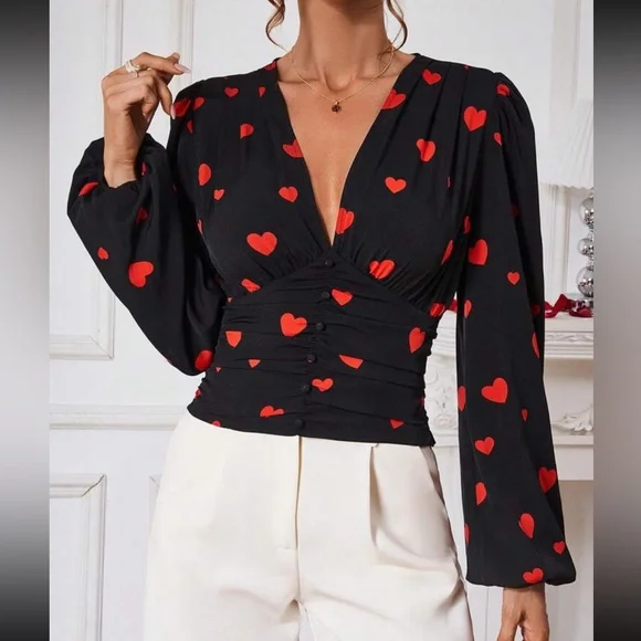 Plunge V-Neck Pleated Smocked Waist Button Lantern Sleeve Top Blouse Black - Picture 6 of 11